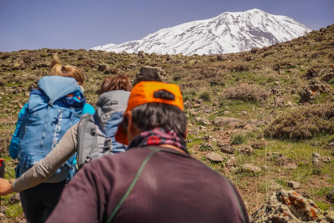 Travelers walking toward a snow-covered mountain