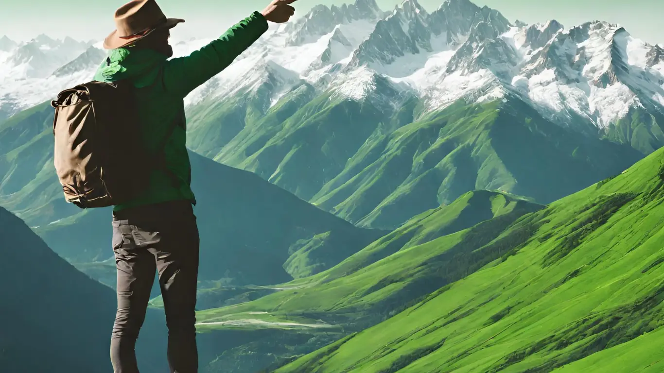 A traveler looking across a green mountain range