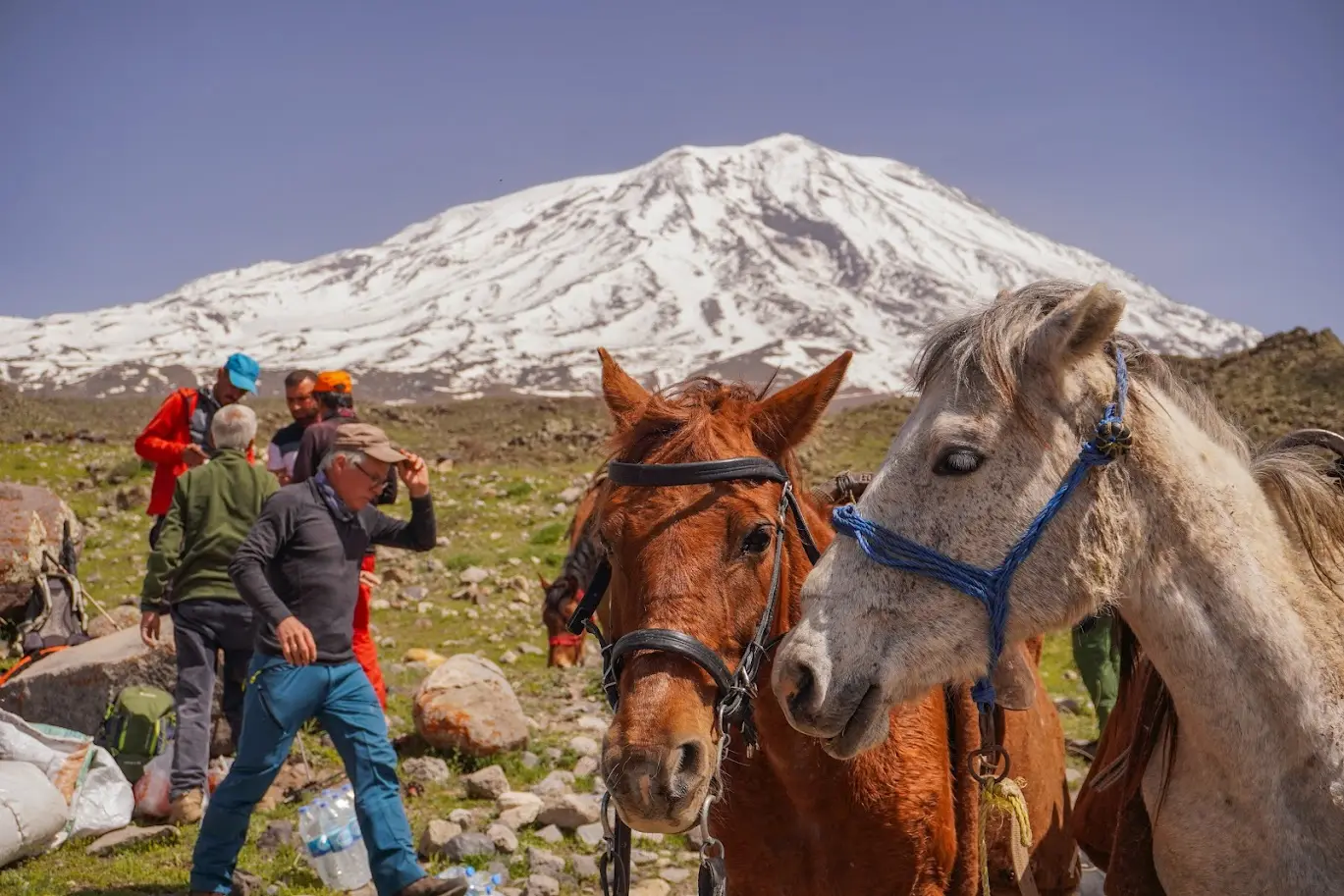 Mount Ararat and a group of climbers