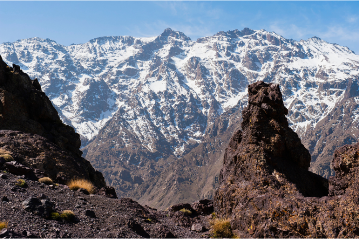 Snowy Mount Toubkal peaks above the High Atlas